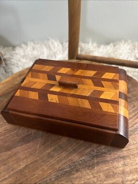 Vintage Wood Handcrafted Small Chevron 
 Pattern Trinket Jewelry Keepsake Box